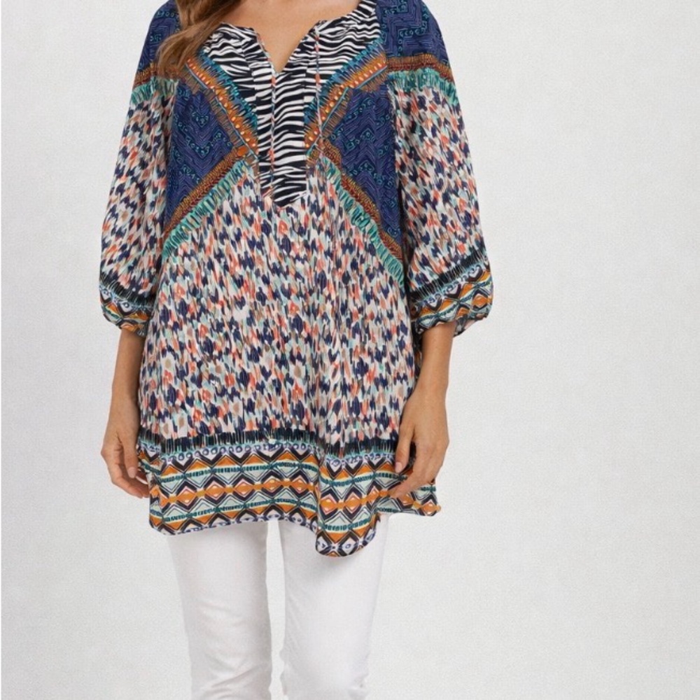 Fig and Flower Anthro Blue and Orange Patterned Tunic